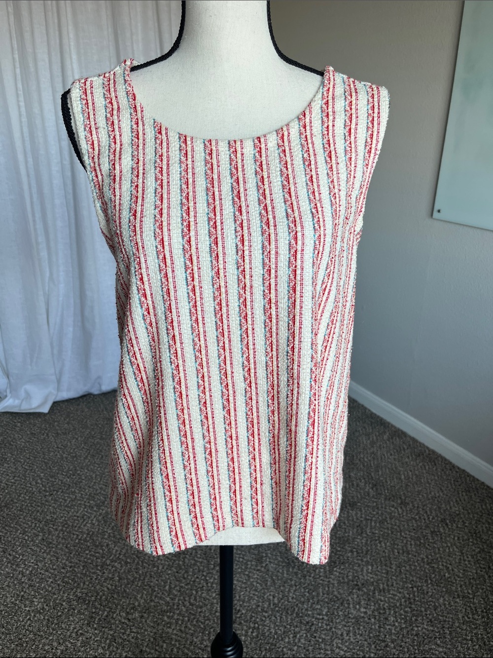 Madewell Boucle Stripe Cross-Back Tank Top Blouse Cream Red Yellow Blue Size L